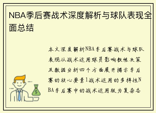 NBA季后赛战术深度解析与球队表现全面总结