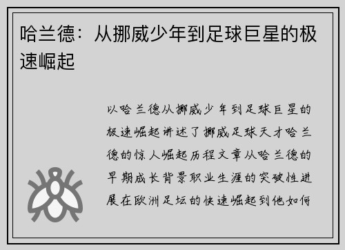 哈兰德:从挪威少年到足球巨星的极速崛起 哈兰德:从挪威少年到足球巨星的极速崛起
